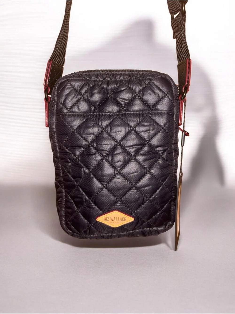 MZ Wallace Black Quilted Crossbody Bag with Tan Badge (NWT)